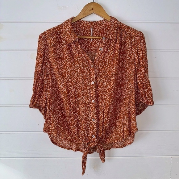 Free People Celia Print Tie Front Button Down Cropped Boho Blouse Sz L - Picture 3 of 10